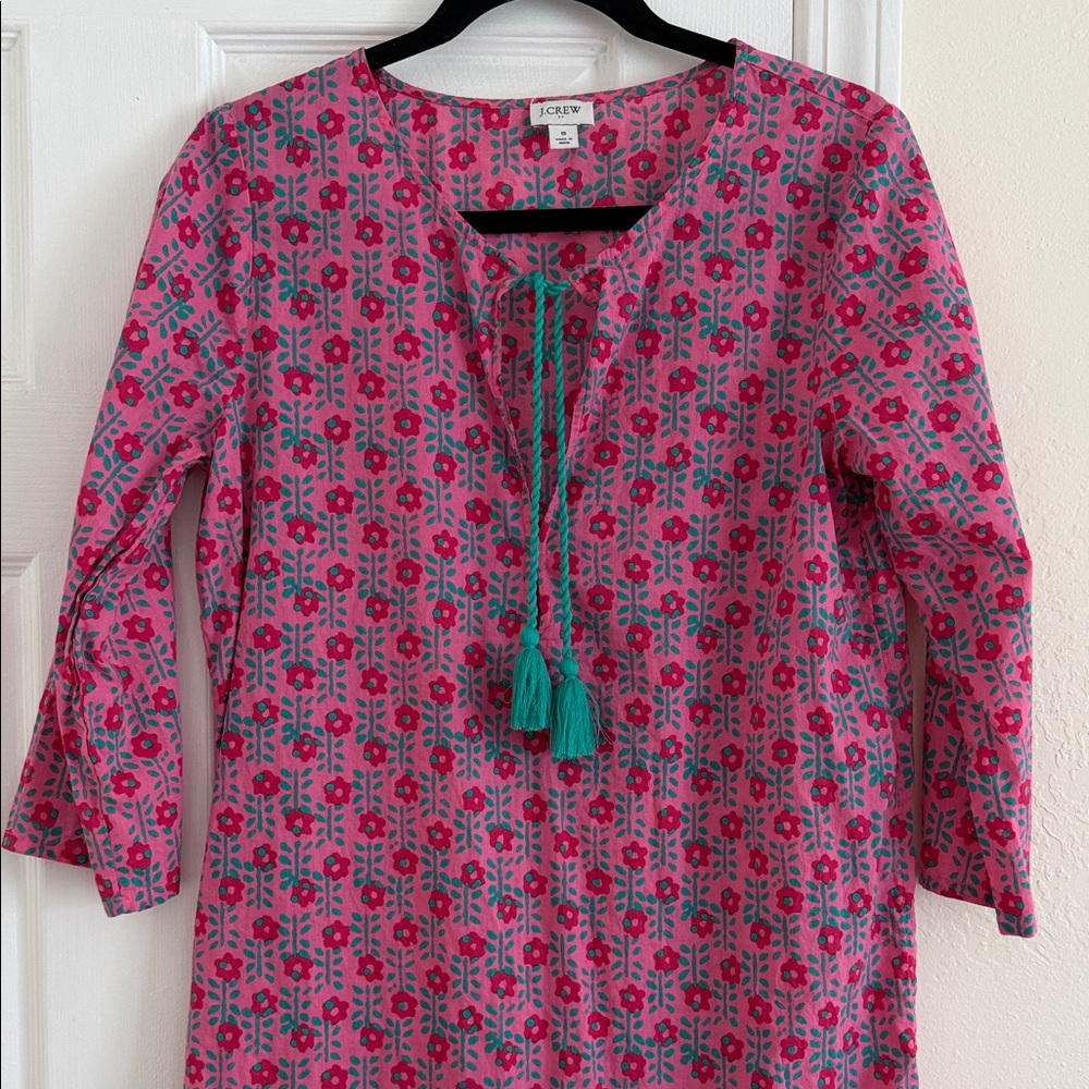 J. Crew Pink Floral swimsuit coverup with Teal Tassels